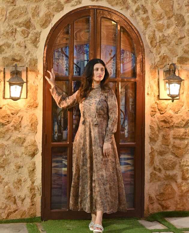 Brown Textured Long Frock Chiffon