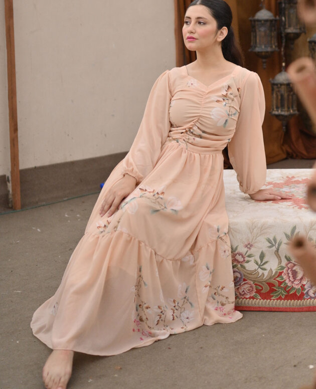 Peach Floral Long Frock Chiffon