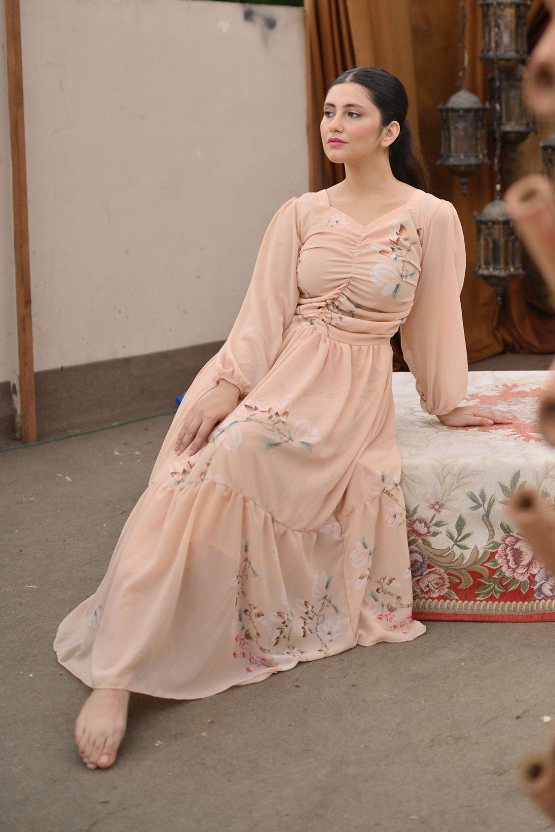 Peach Floral Long Frock Chiffon