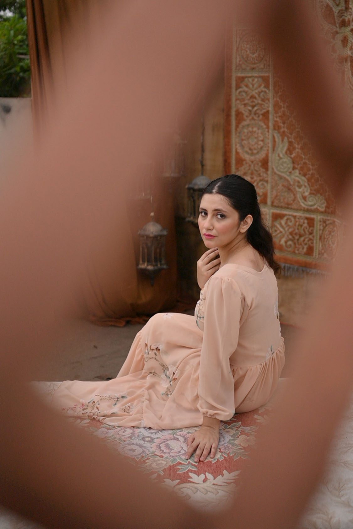 Peach Floral Long Frock Chiffon - Image 4