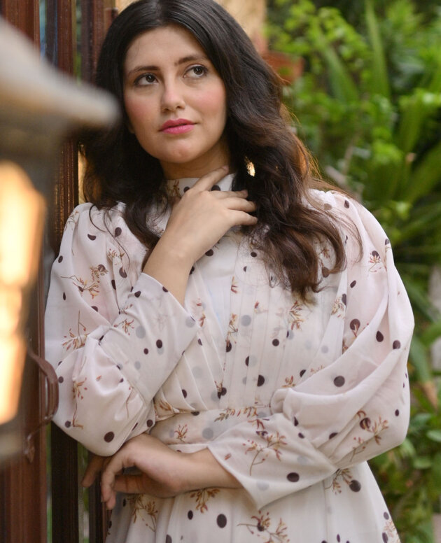 White Dotted Chiffon Long Frock